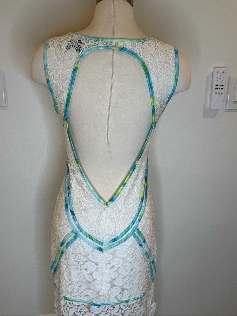 Sabo Skirt White Lace Swim Dress with Blue & Green Trim